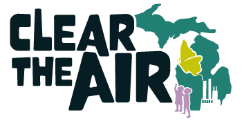 Air quality awareness logo with a green airplane silhouette and cityscape background.