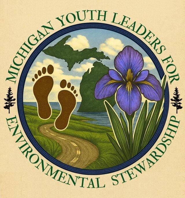Logo of Michigan Youth Leaders for Environmental Stewardship with footprints, a flower, and a landsc.