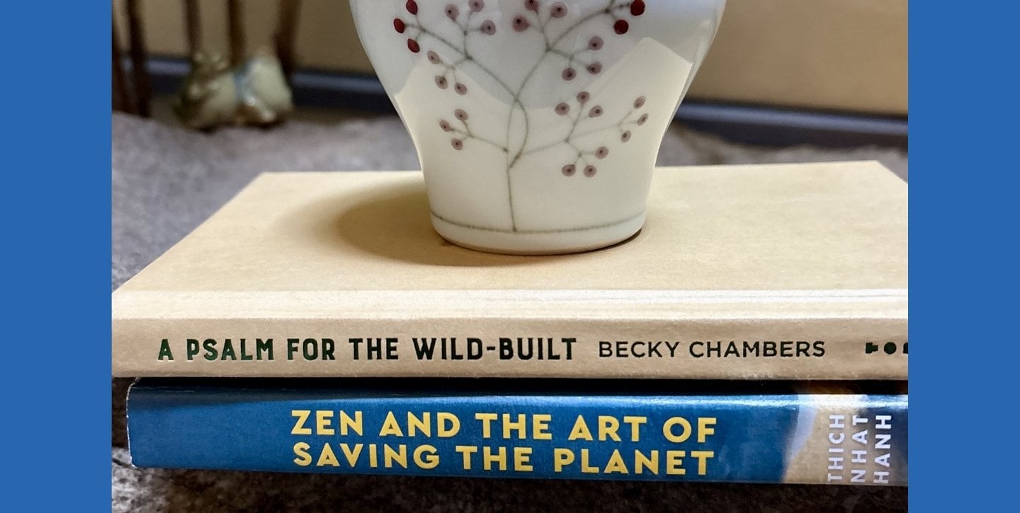 Book and plant pot on a table.