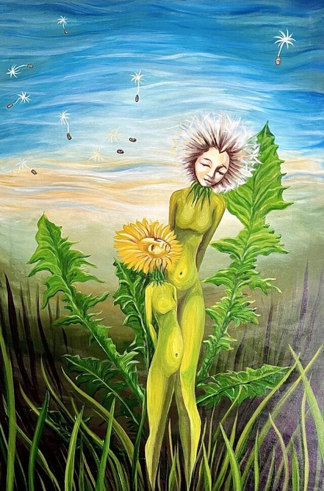 A surreal painting of a girl with a sunflower head, green body, embracing a similar larger motherly figure with white dandelion fluff hair, surrounded by large leaves and grass, with a dreamy sky featuring floating dandelions and a peaceful mood.