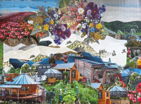 Vibrant collage of flowers, greenhouses, and mountain landscape in a scenic outdoor setting.
