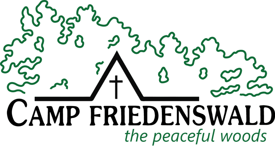 Camp Friedenswald logo with trees, church, and slogan the peaceful woods.
