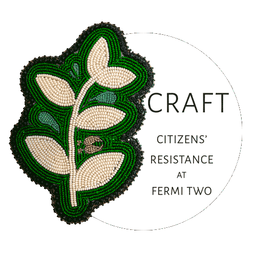 Green beaded leaf badge for citizen resistance at Fermi Two.