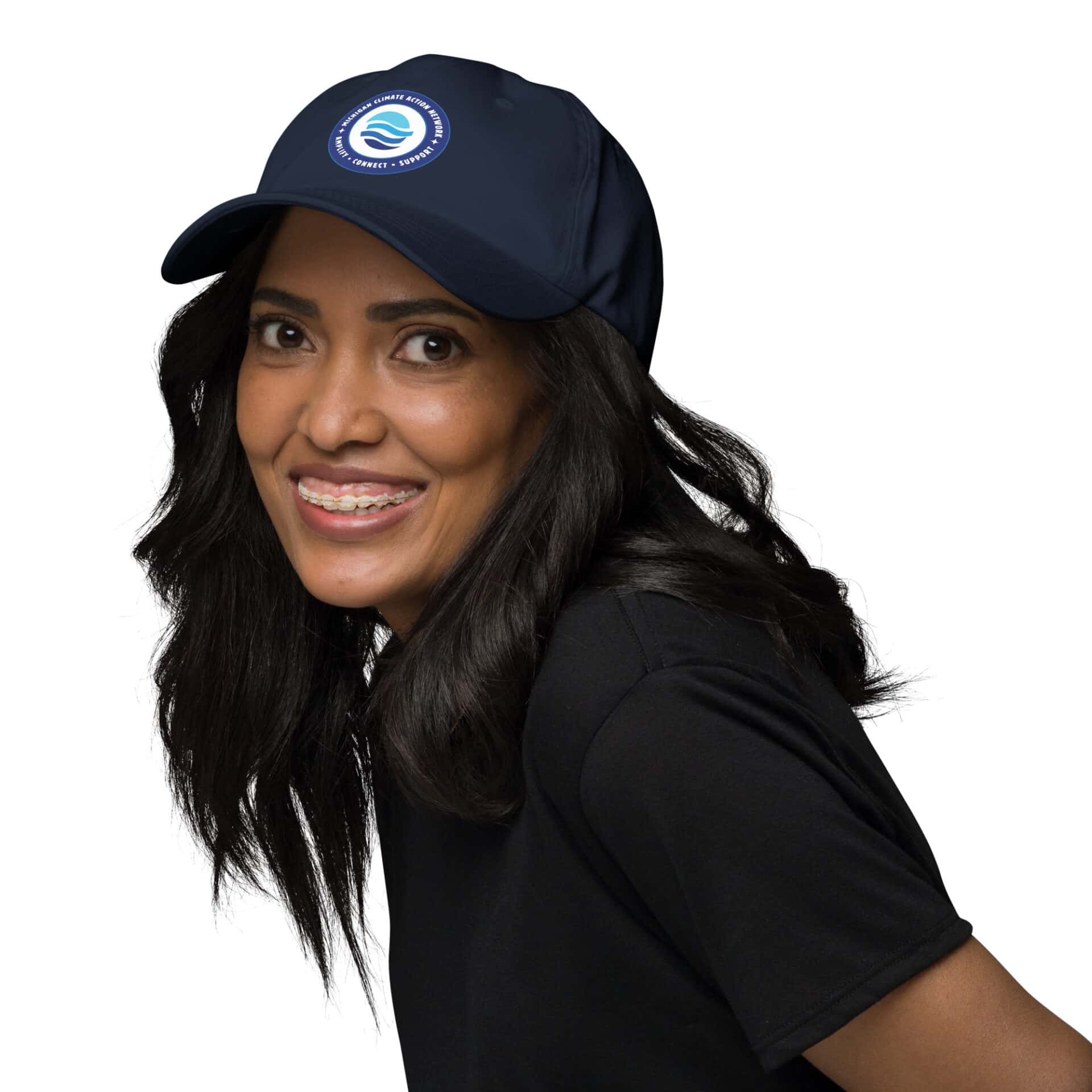 MiCAN Cap logo on navy baseball cap, featuring a circular design with water waves and a blue backgro.