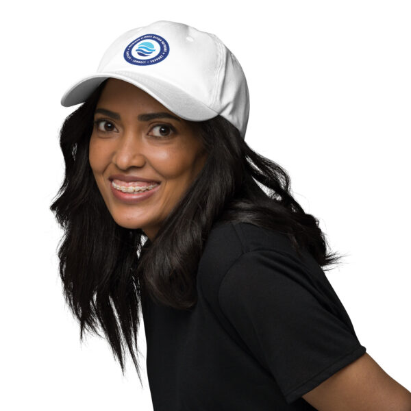 MiCAN Cap logo on white baseball cap.