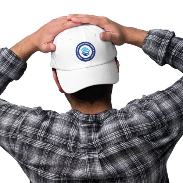 MiCAN Cap logo on white baseball cap.