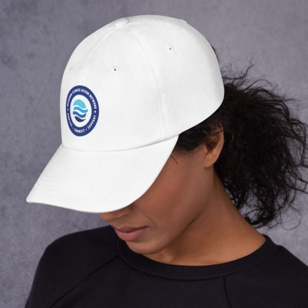 MiCAN Cap logo on white baseball cap.