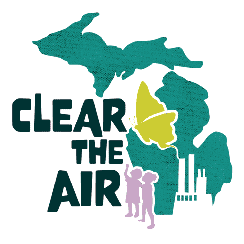 A logo with a map of Michigan, a butterfly, and children, promoting an environmental campaign—Clear the Air.