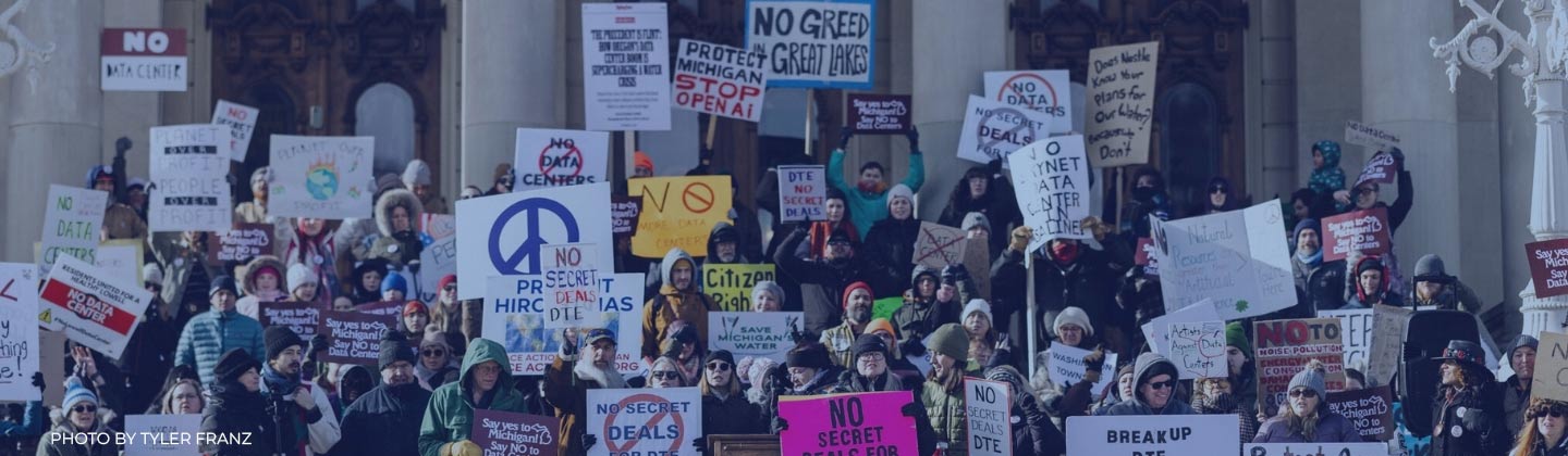 Protest against data centers to protect Michigan's environment and oppose moratorium.