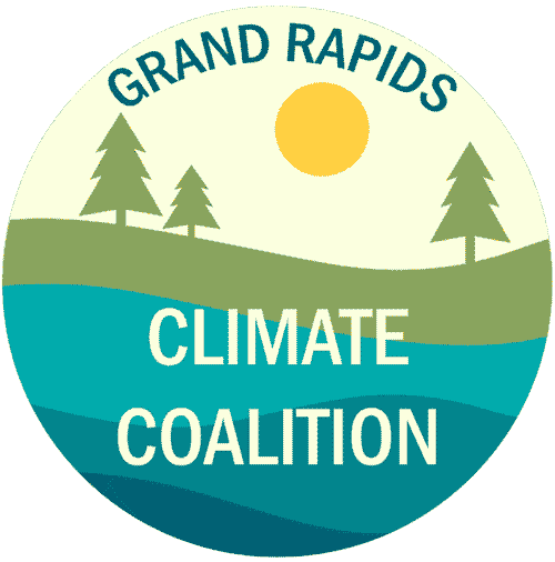 Grand Rapids Climate Coalition logo featuring trees, sun, and water, promoting climate change awareness in Michigan.
