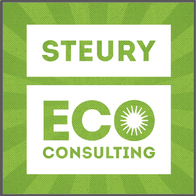 Steury Eco Consulting logo with green text and sun icon on a green background.