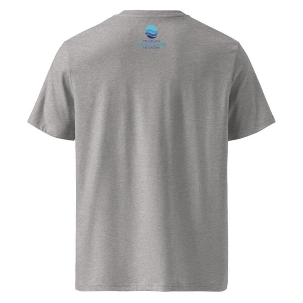 Michigan Climate Action Network logo on the back of a gray T-shirt.