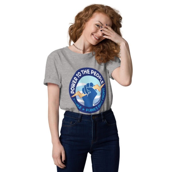 Woman wearing a T-shirt with "Power to the People" logo and slogan.