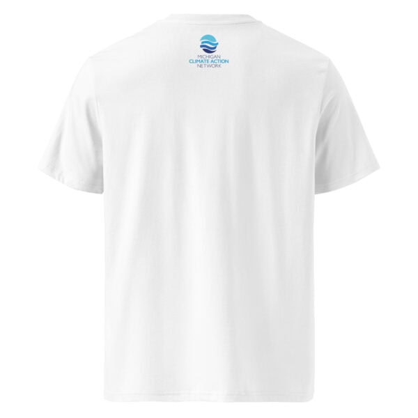 White T-shirt with Michigan Climate Action Network logo on the back.