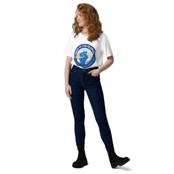 Woman wearing a white T-shirt with a blue "Protect Our Planet" logo, standing against a white backgr.