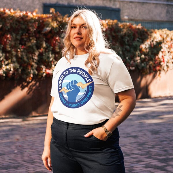 Power to the People T-shirt logo, featuring a raised fist and the slogan "People + Planet Over Profi.