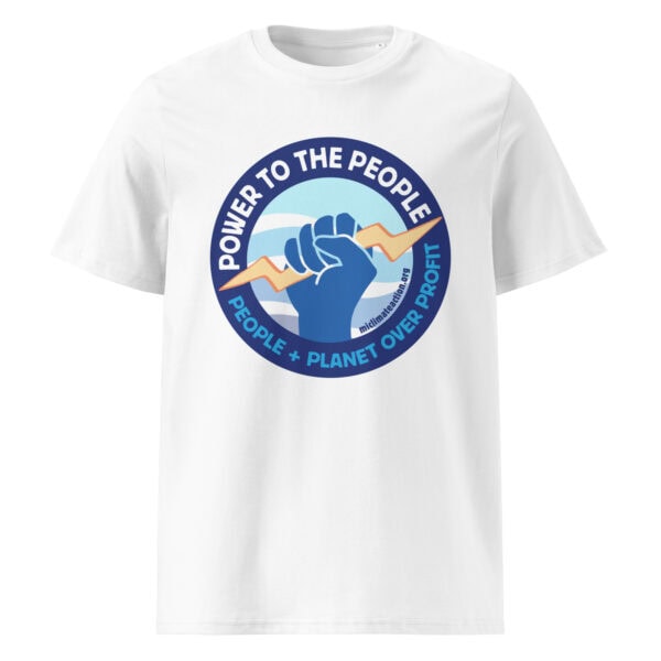 T-shirt with "Power to the People" slogan and fist graphic, promoting social change.
