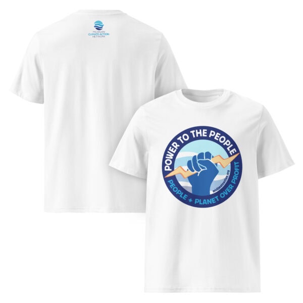 White T-shirt featuring a "Power to the People" graphic with a raised fist and planet Earth.