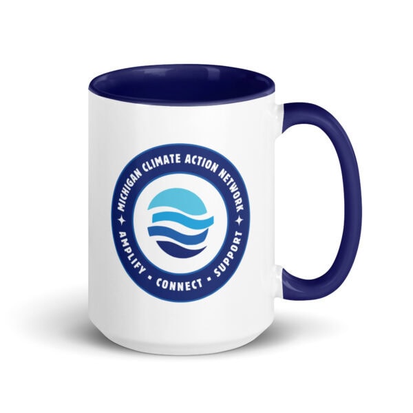 Climate Action Network Michigan logo on a white mug with blue handle and interior.