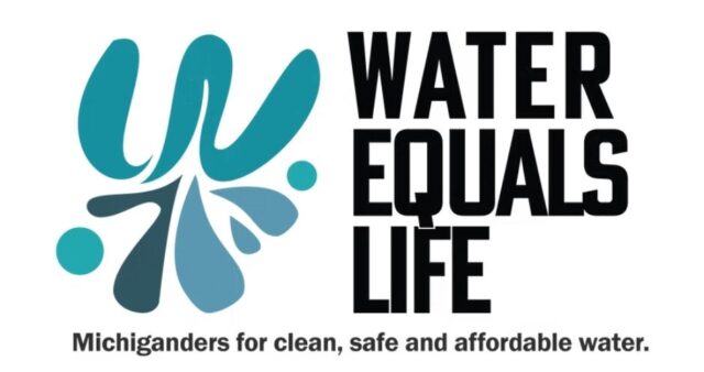 Water Equals Life logo with water droplets and text, promoting clean and safe water.